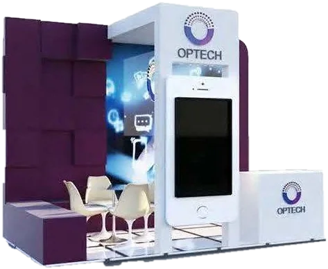 3D render of the Optech booth with a purple wall